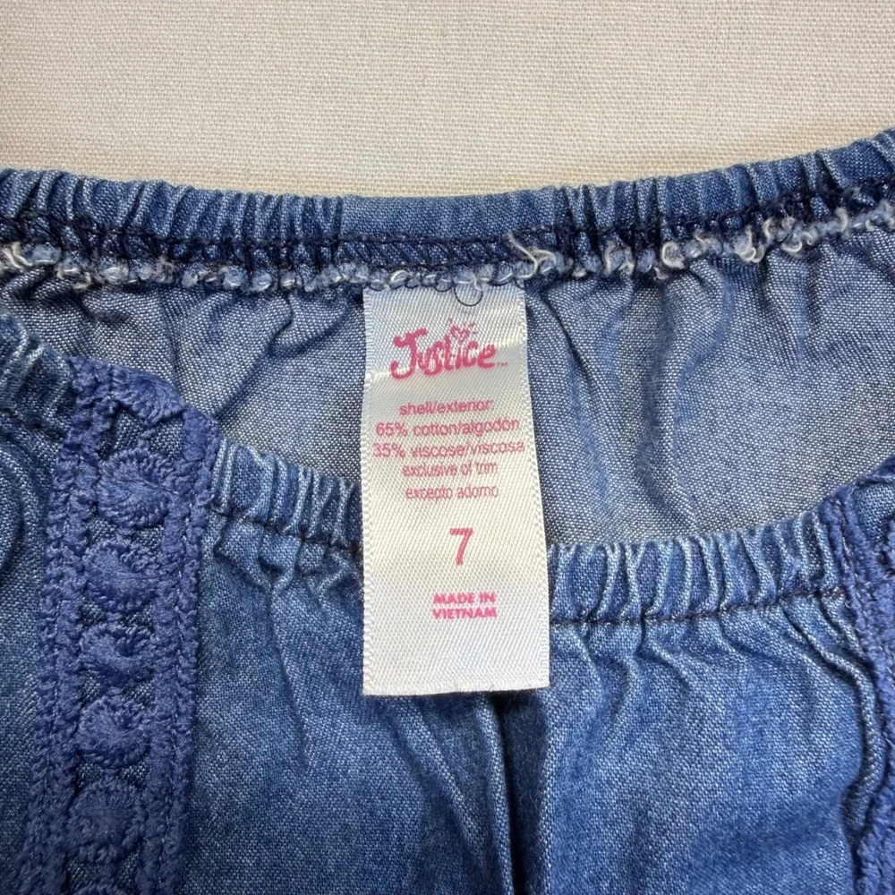 Justice Girls Size 7 Chambray Romper Dress Blue Skort Lace Trim Sleeveless Cute